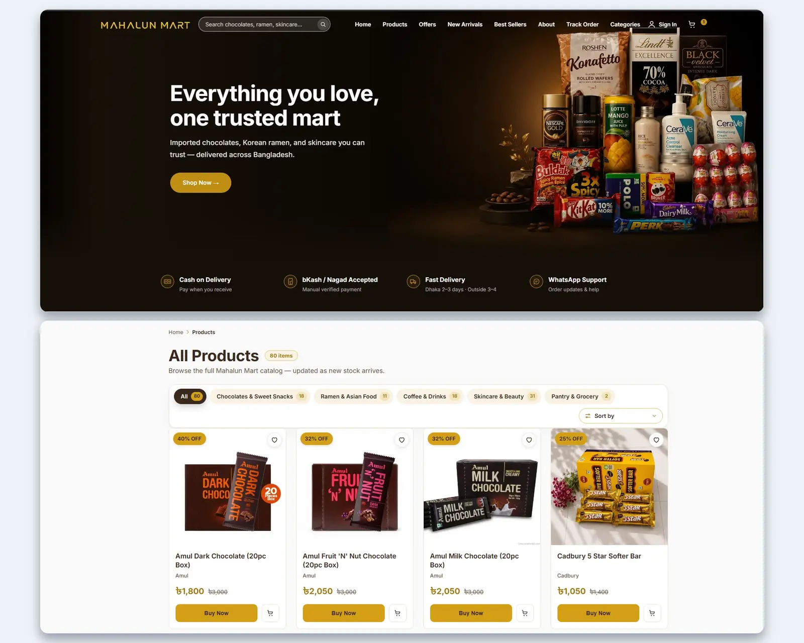 The Mahalun Mart storefront: the home page with its hero and delivery and payment assurances, above the All Products page with category filters showing product counts and a row of product cards