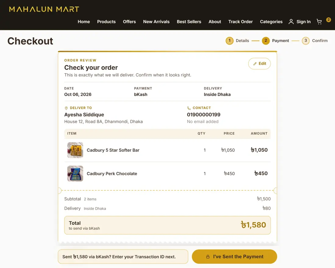 The checkout order-review step for a bKash payment: delivery details, the items, the delivery fee and the total to send