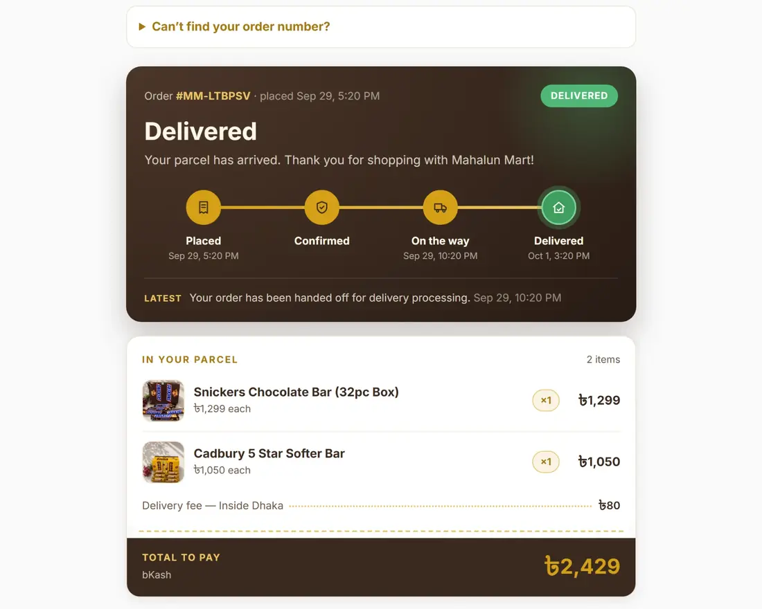 A delivered order on the tracking page: the four delivery steps with dates, the items in the parcel, and the total