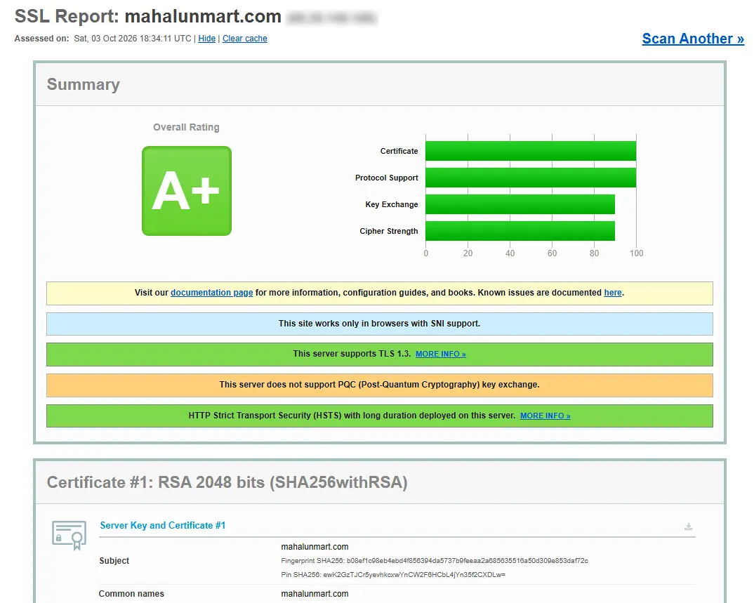 An SSL Labs report for the live site: overall grade A+, full marks for certificate and protocol support, and HSTS enabled