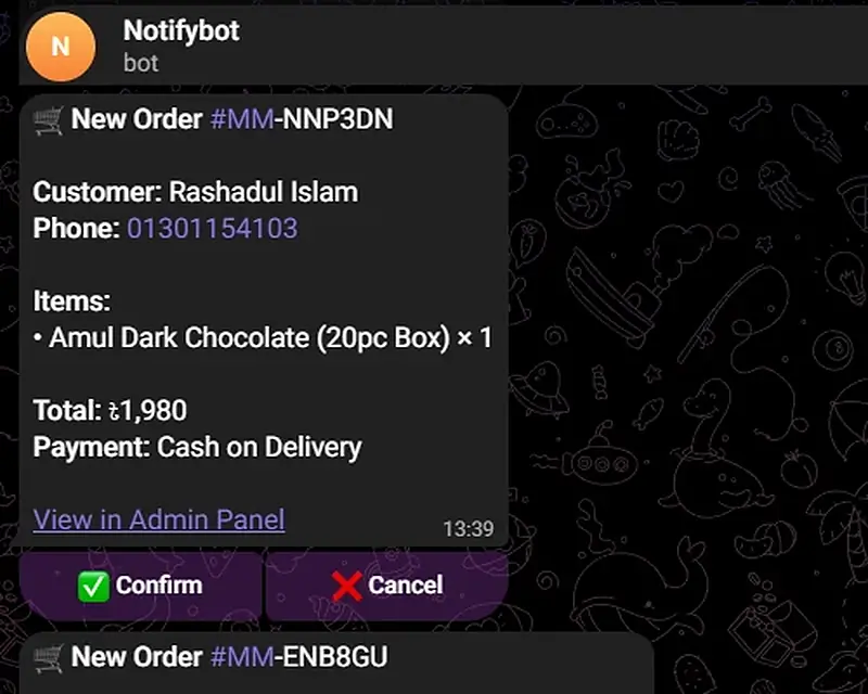 A Telegram message for a new order, with Confirm and Cancel buttons